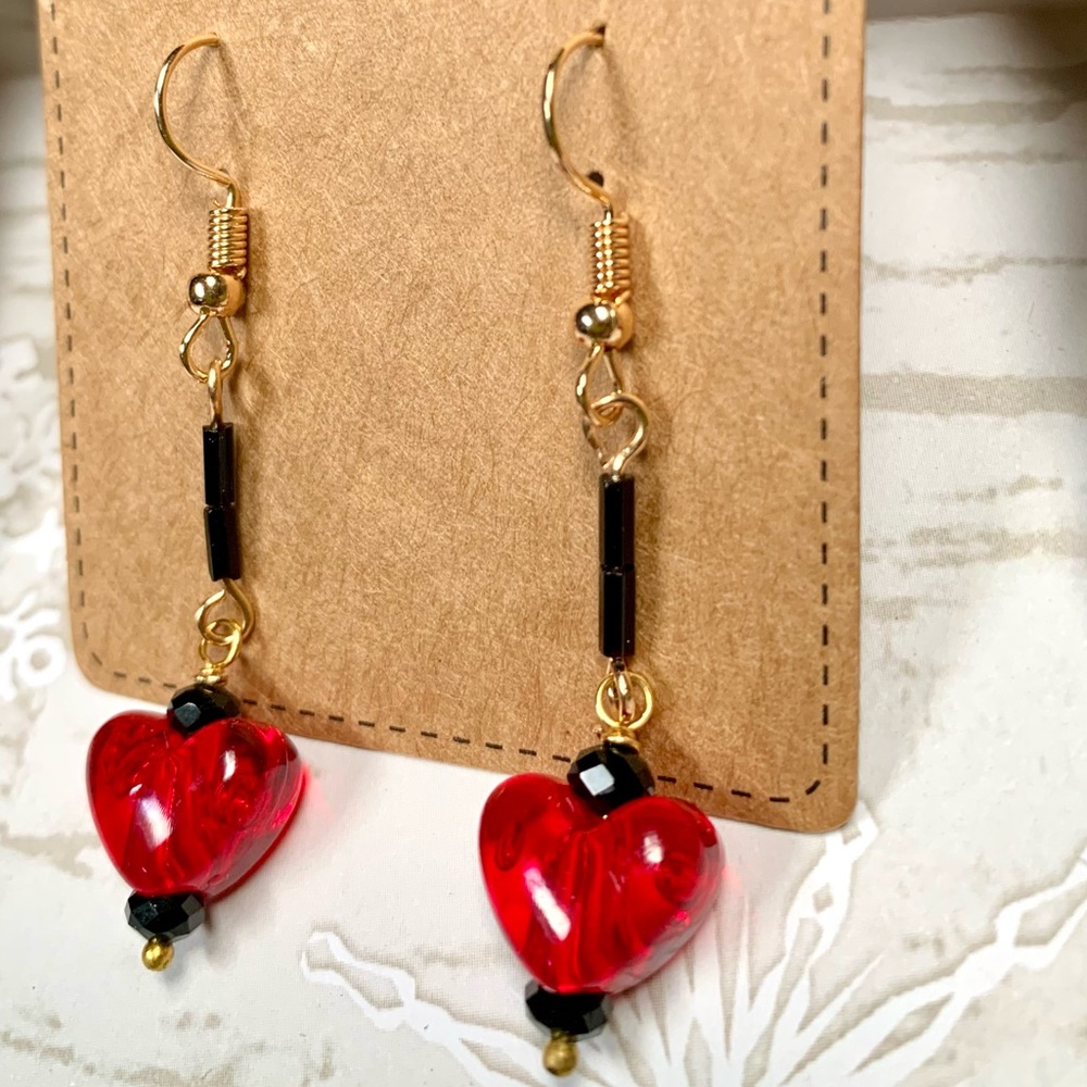 ❤️5 for $15 Red Heart Black Crystal Handcrafted Dangle Gold Earrings